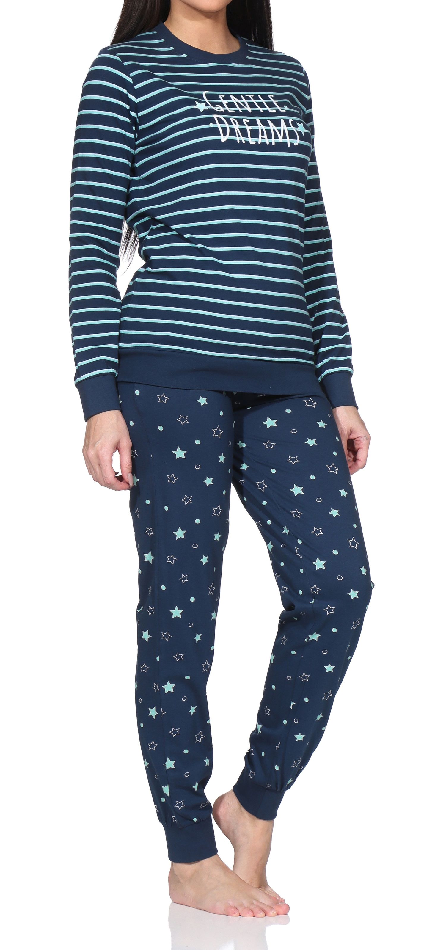 Normann Damen Pyjama lang mit Bündchen im Sterne Design– auch in Übergröße