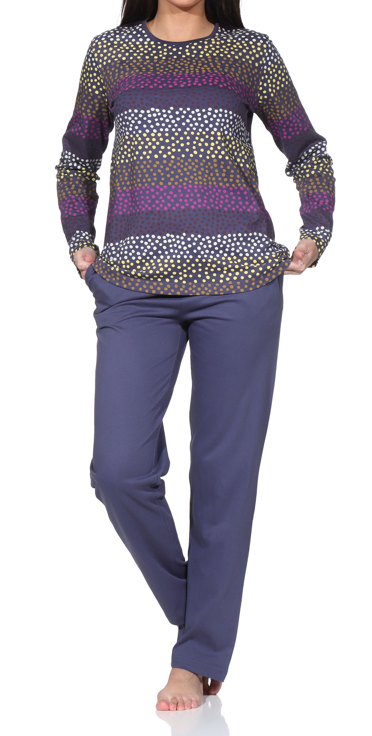 Normann Damen langarm Schlafanzug Pyjama in Streifen Punkte Optik Normann Damen langarm Schlafanzug Pyjama in Streifen Punkte Optik
