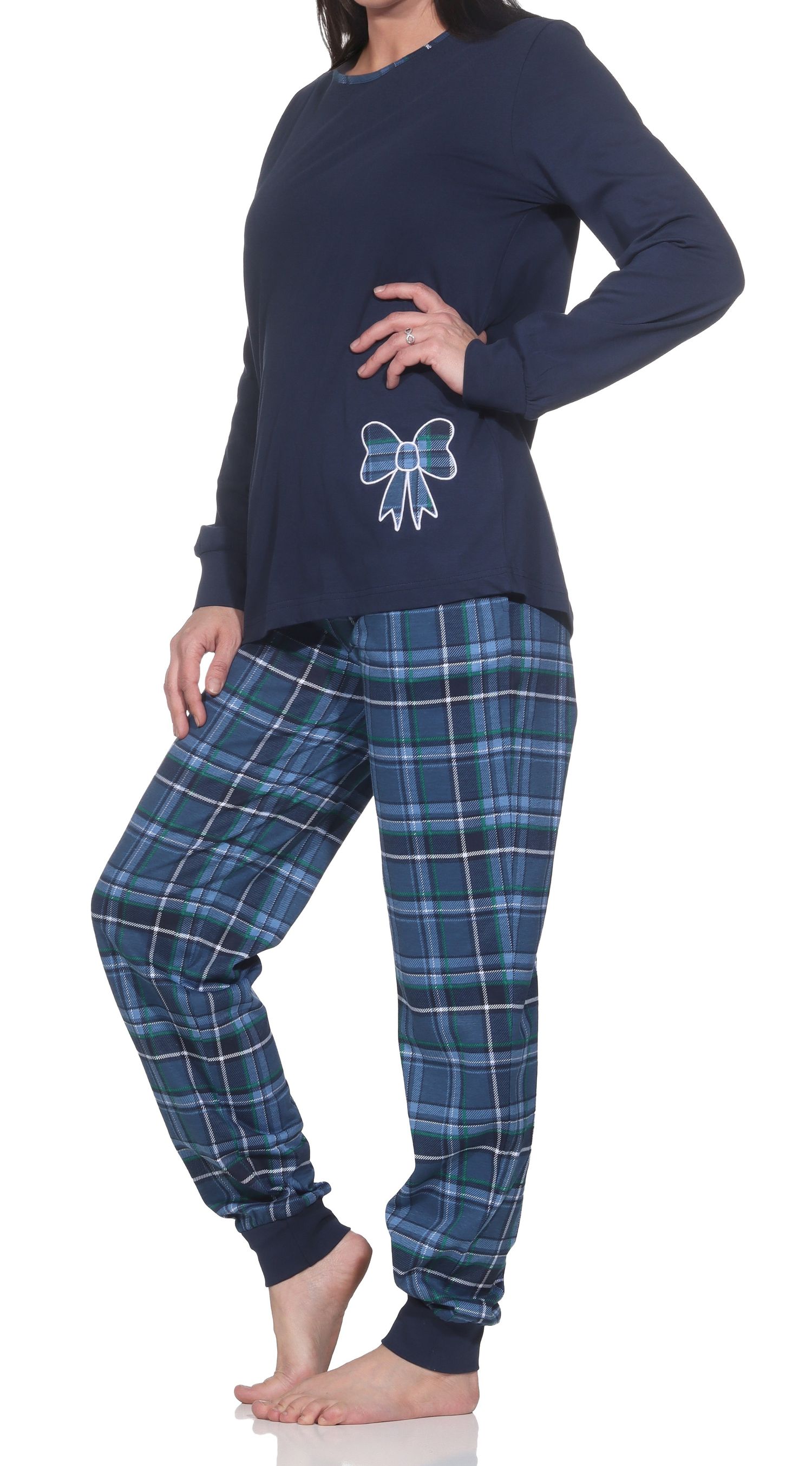 Damen Schlafanzug mit Bündchen und Karohose - Pyjama auch in Übergrössen Damen Schlafanzug mit Bündchen und Karohose - Pyjama auch in Übergrössen