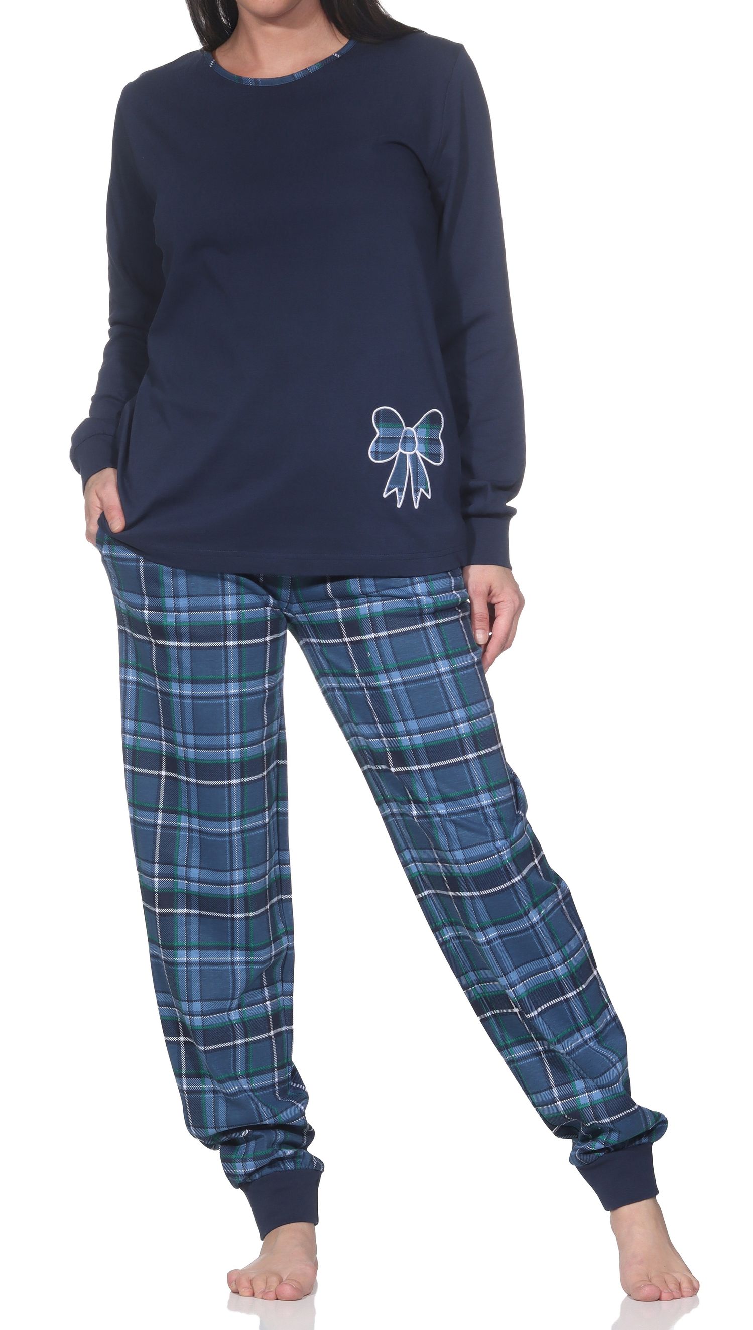 Damen Schlafanzug mit Bündchen und Karohose  - Pyjama auch in Übergrössen