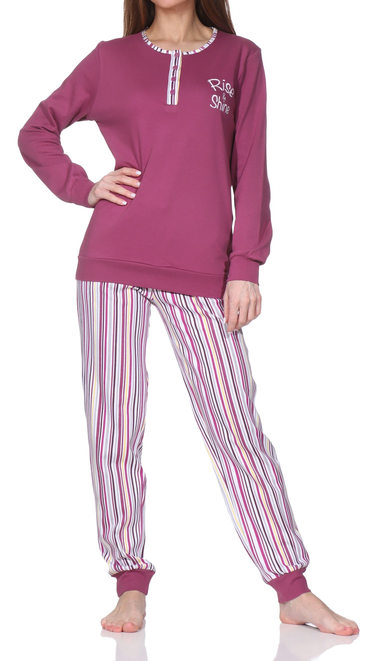 Damen langarm Pyjama in Kuschel Interlock mit Bündchen – auch in Übergröße