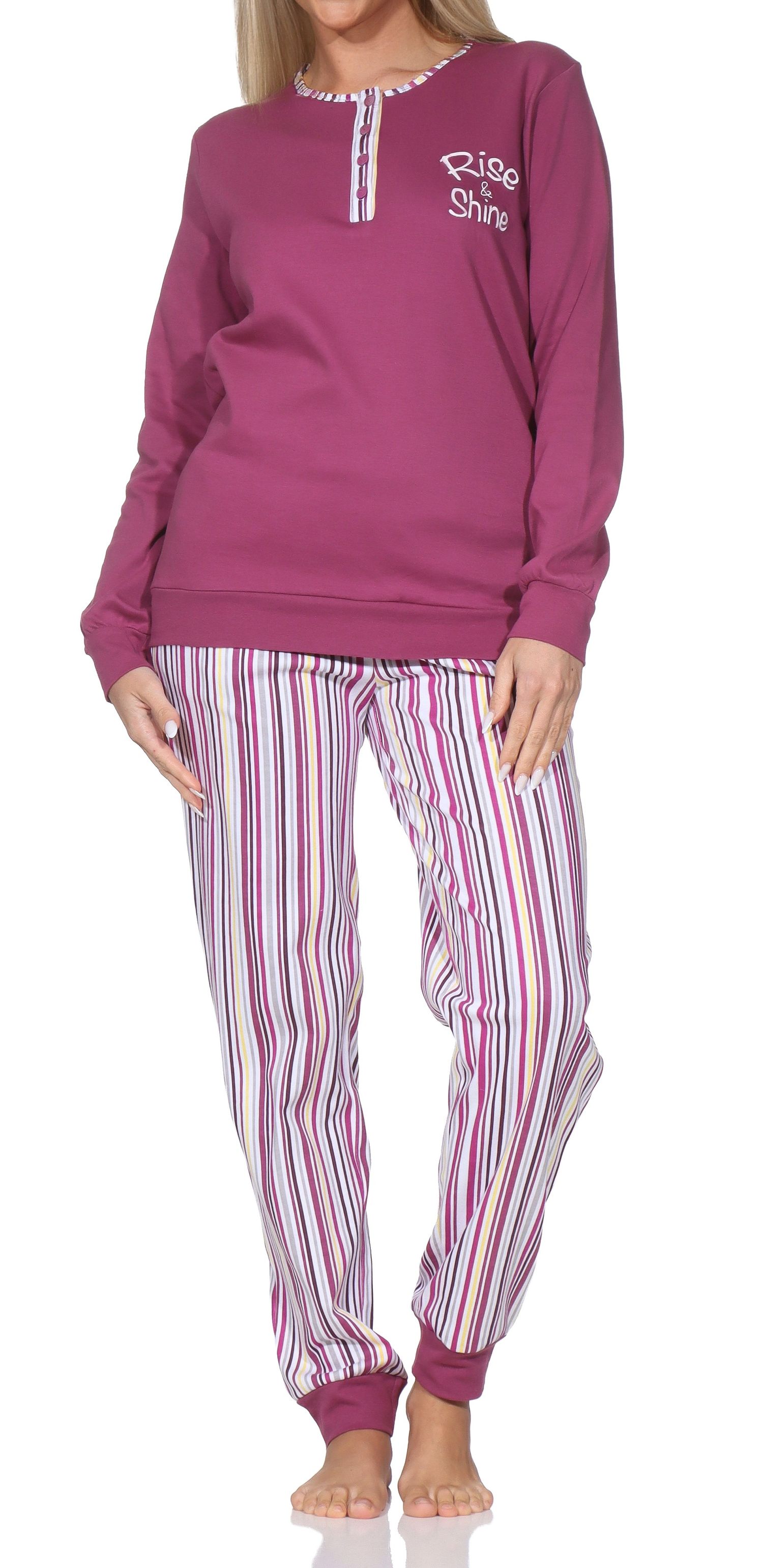 Damen langarm Pyjama in Kuschel Interlock mit Bündchen – auch in Übergröße