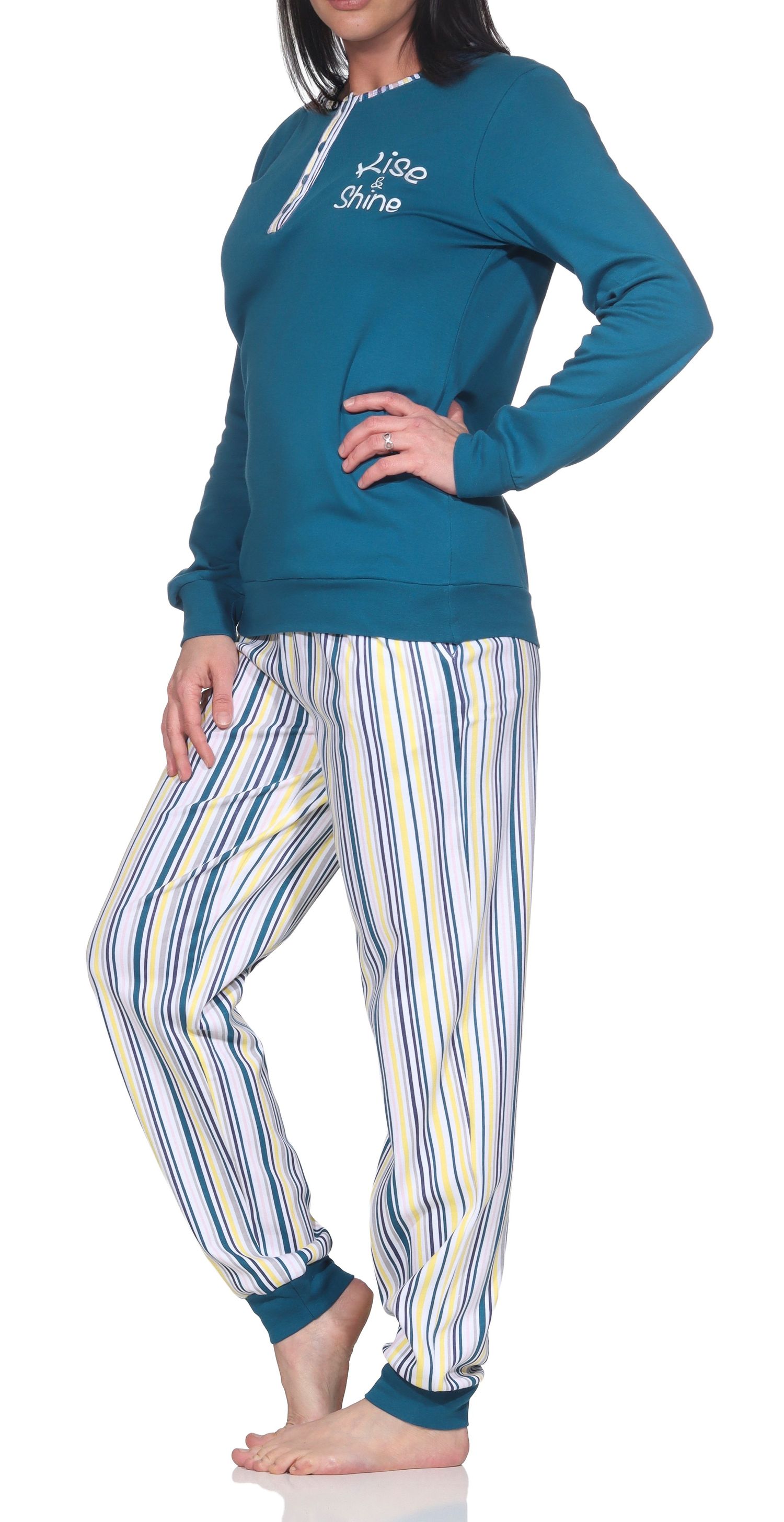 Damen langarm Pyjama in Kuschel Interlock mit Bündchen – auch in Übergröße