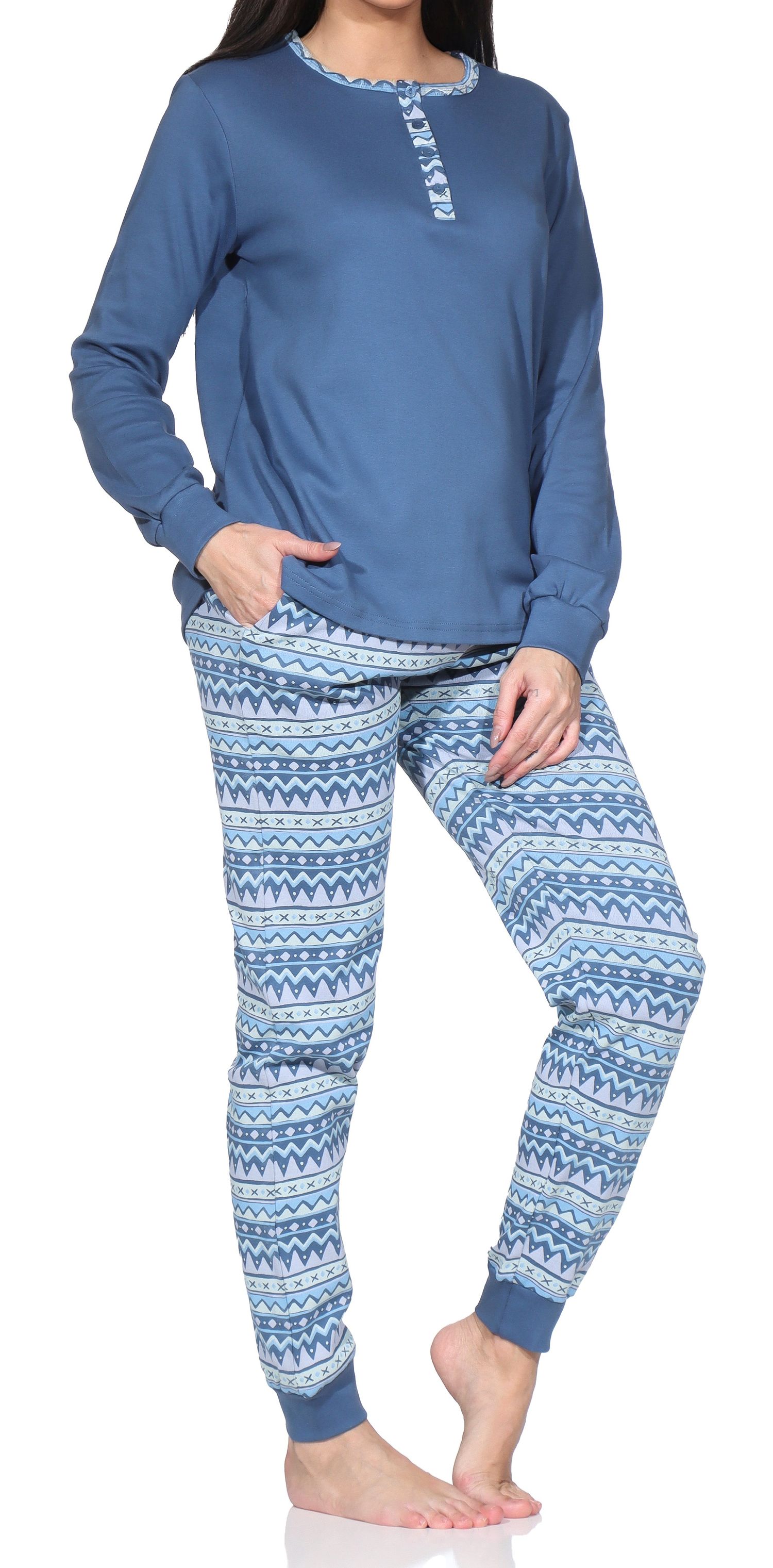 Normann Damen Interlock Pyjama mit Bündchen im Ethnolook–auch in Übergröße