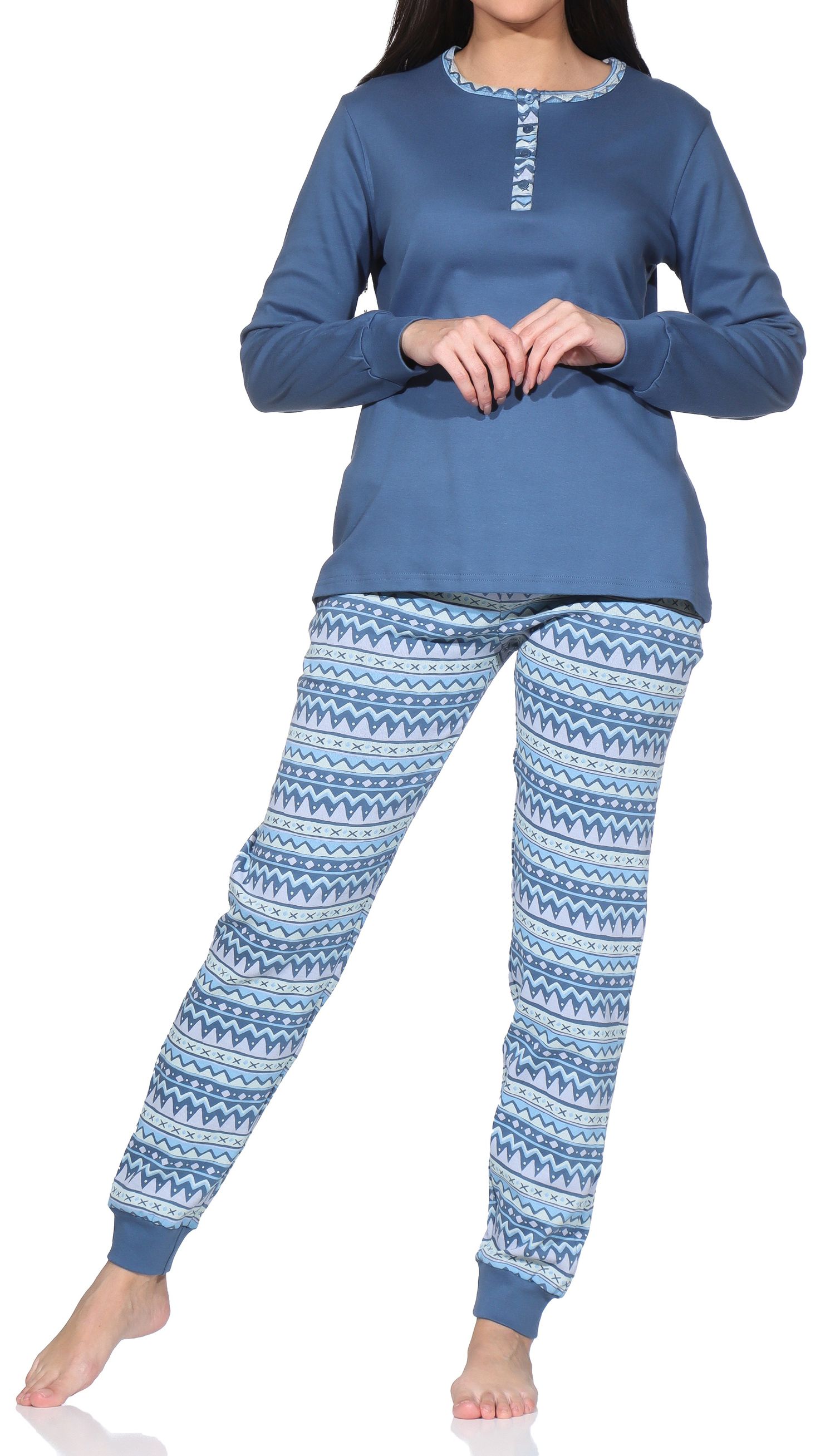 Normann Damen Interlock Pyjama mit Bündchen im Ethnolook–auch in Übergröße
