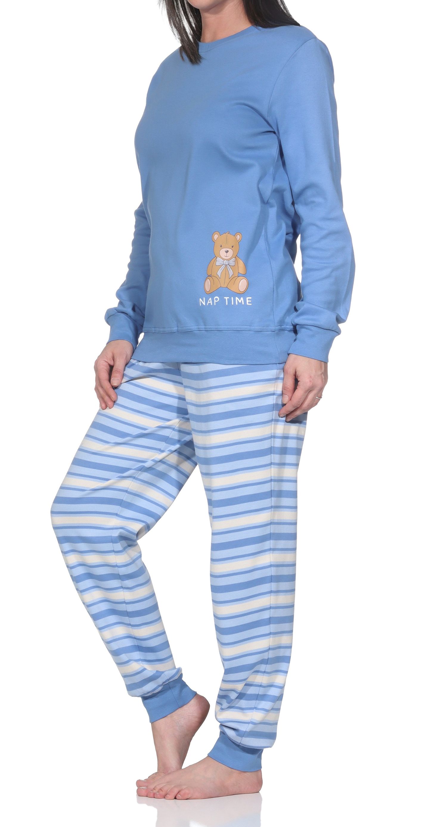 Normann Damen Pyjama mit Bündchen - Kuschelinterlock – mit Teddybär Motiv