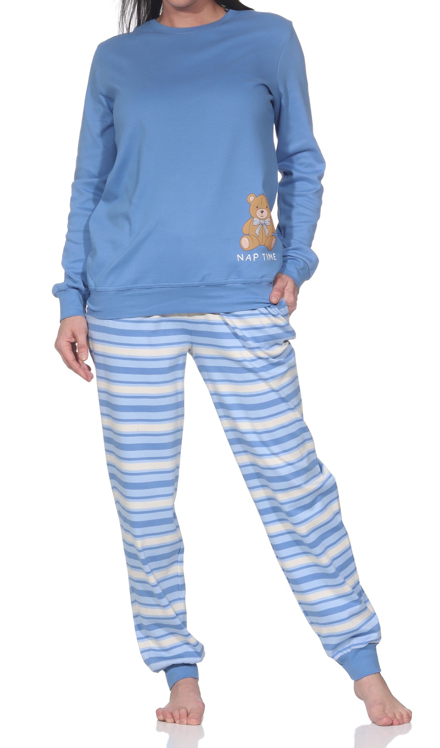 Normann Damen Pyjama mit Bündchen - Kuschelinterlock – mit Teddybär Motiv