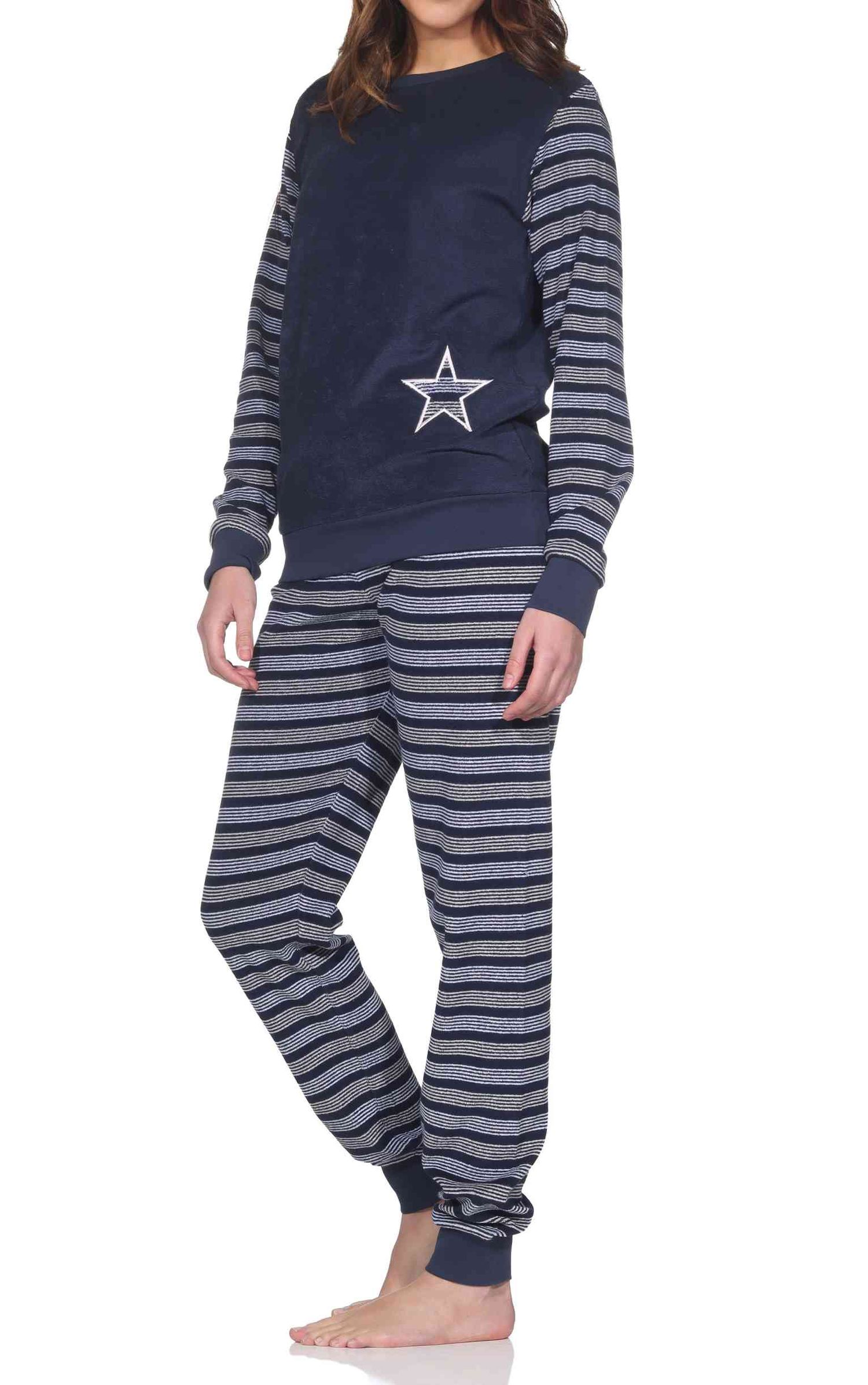 Normann Damen Frottee Pyjama langarm, Sterne, Bündchen, auch Übergröße
