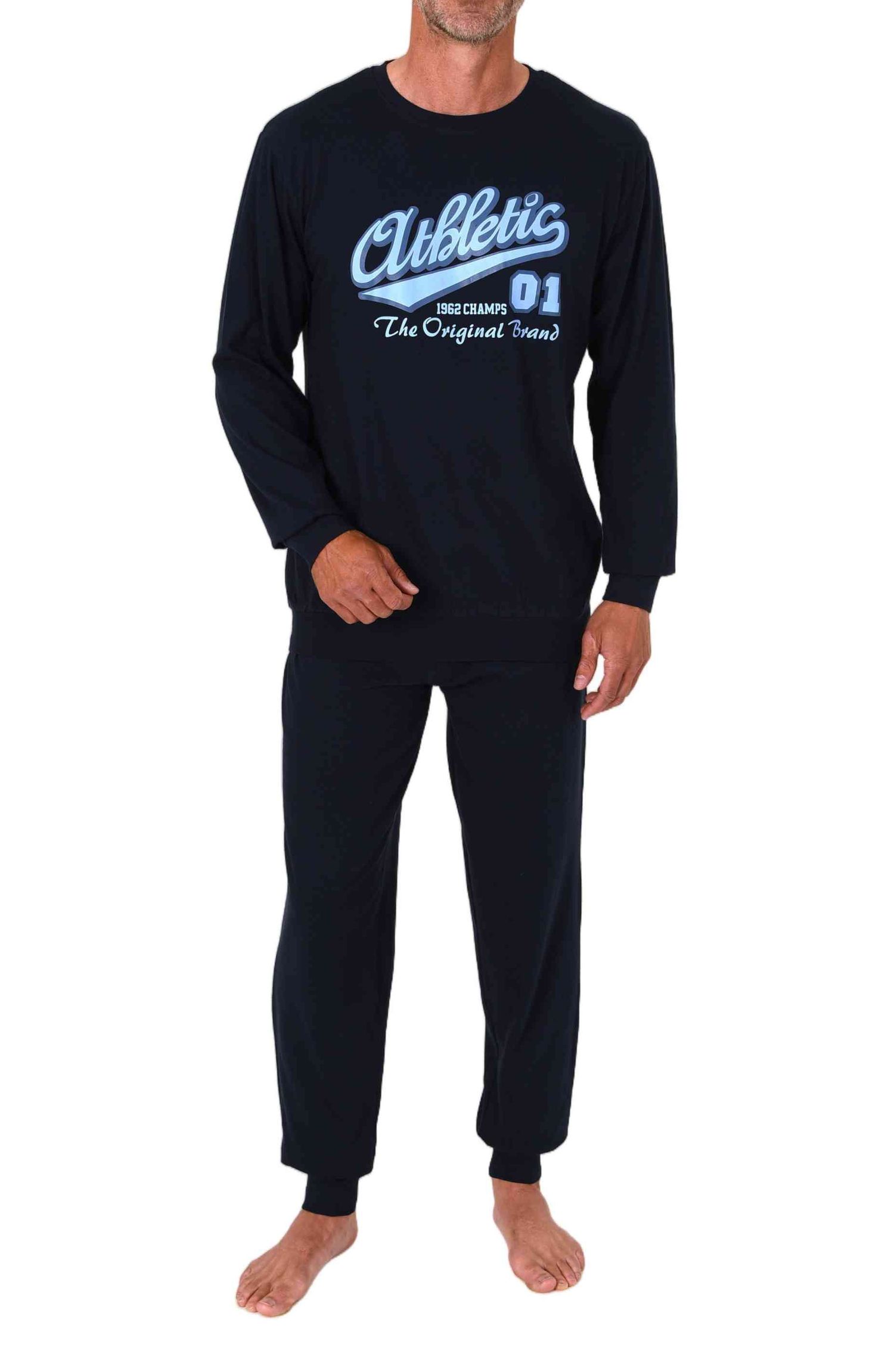 Normann Herren langarm Schlafanzug mit Bündchen Pyjama mit Frontprint