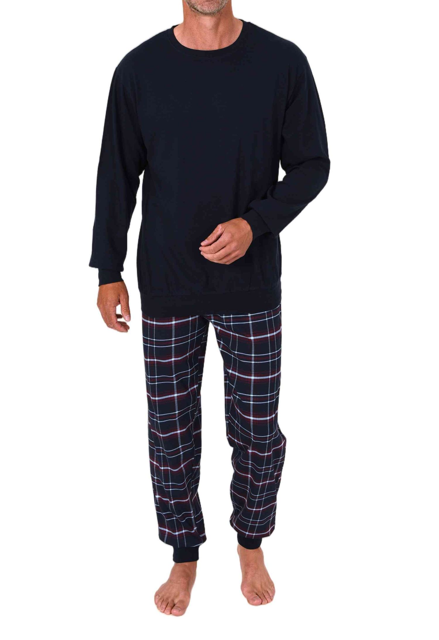 Normann Herren Schlafanzug lang mit Bündchen + karierter Jersey Pyjamahose