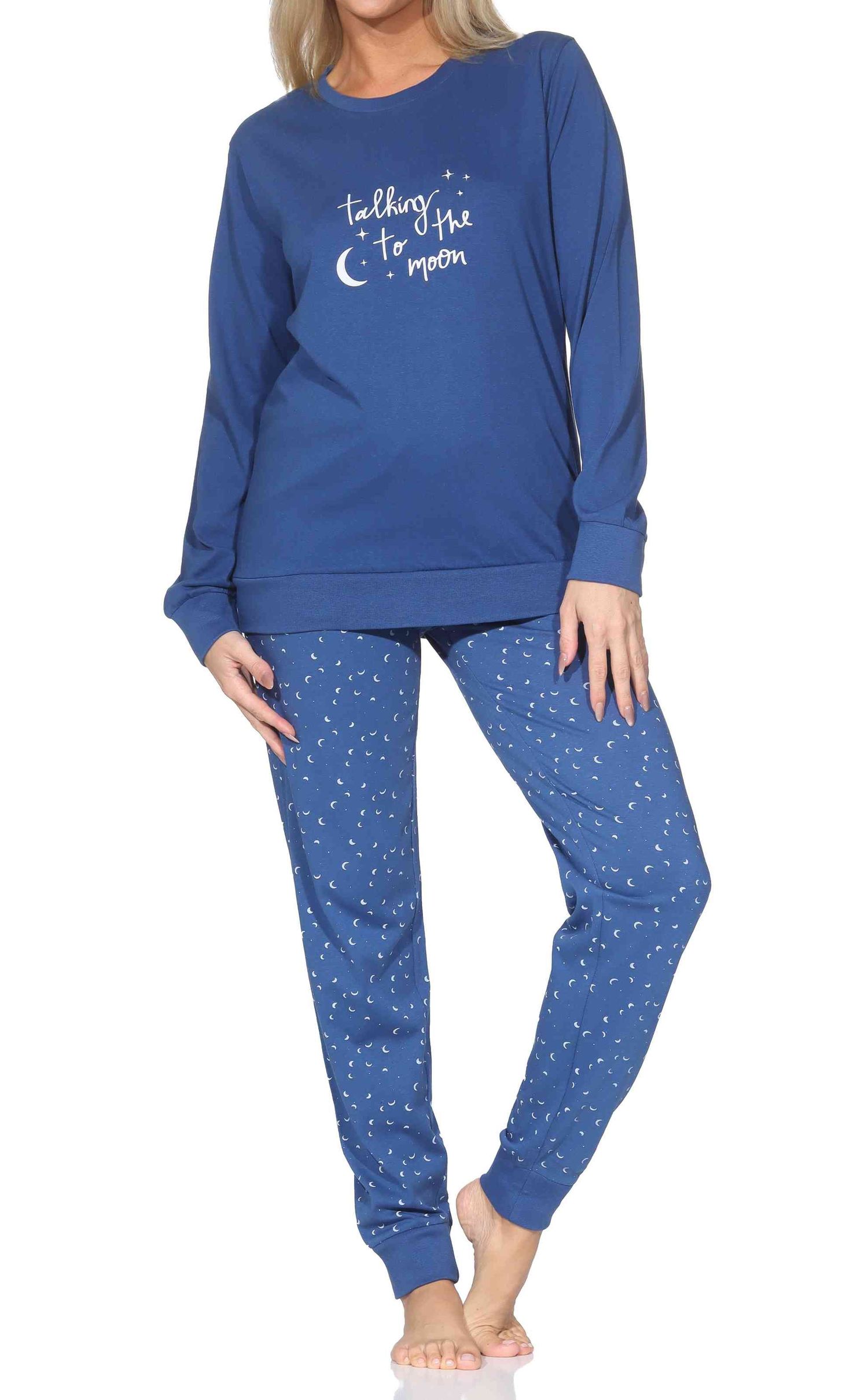 Normann Damen langarm Schlafanzug mit Bündchen Pyjama mit Mond Optik