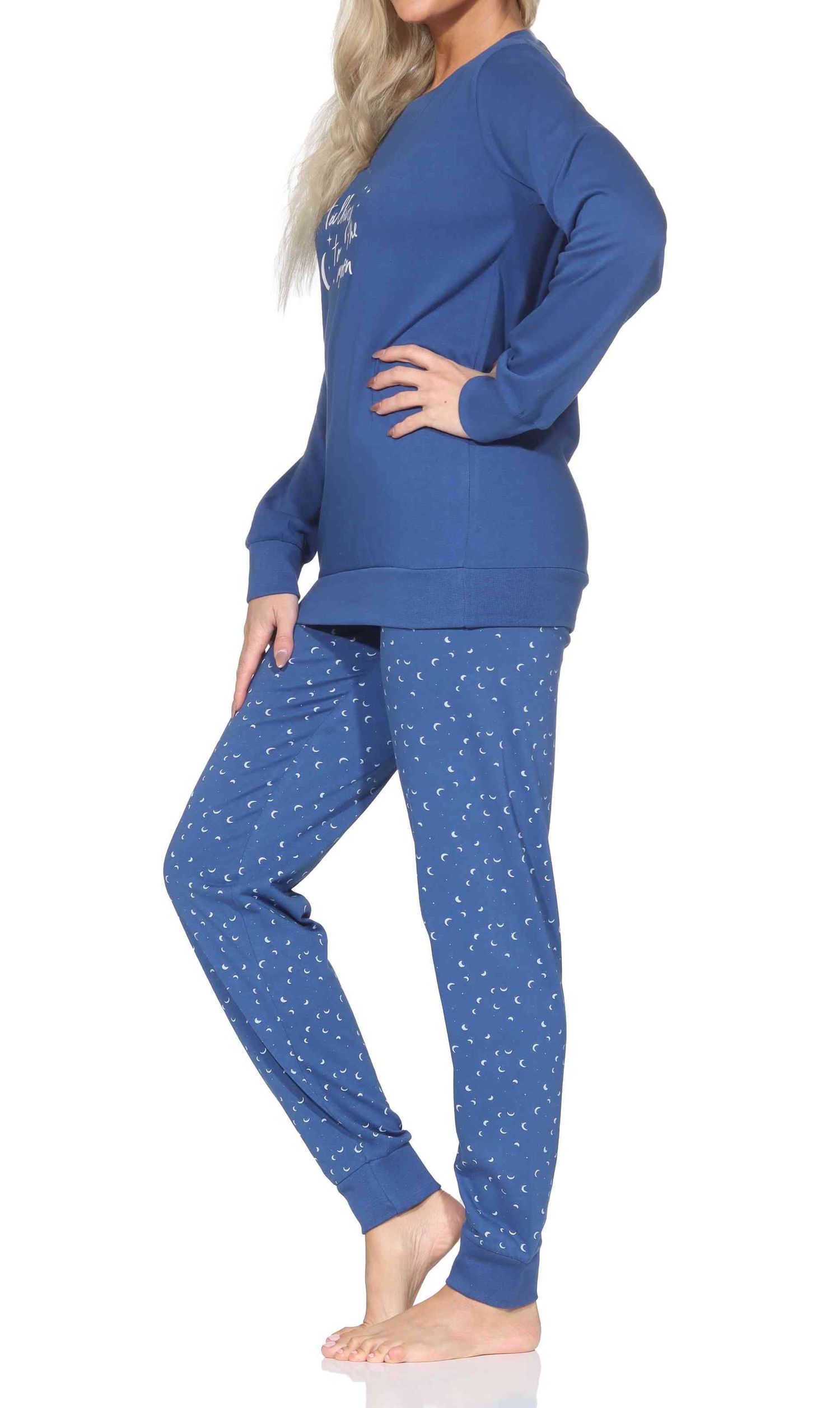 Normann Damen langarm Schlafanzug mit Bündchen Pyjama mit Mond Optik