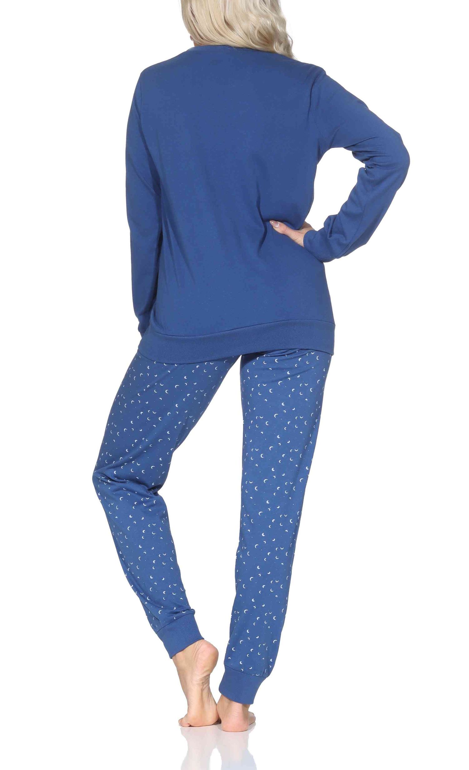 Normann Damen langarm Schlafanzug mit Bündchen Pyjama mit Mond Optik