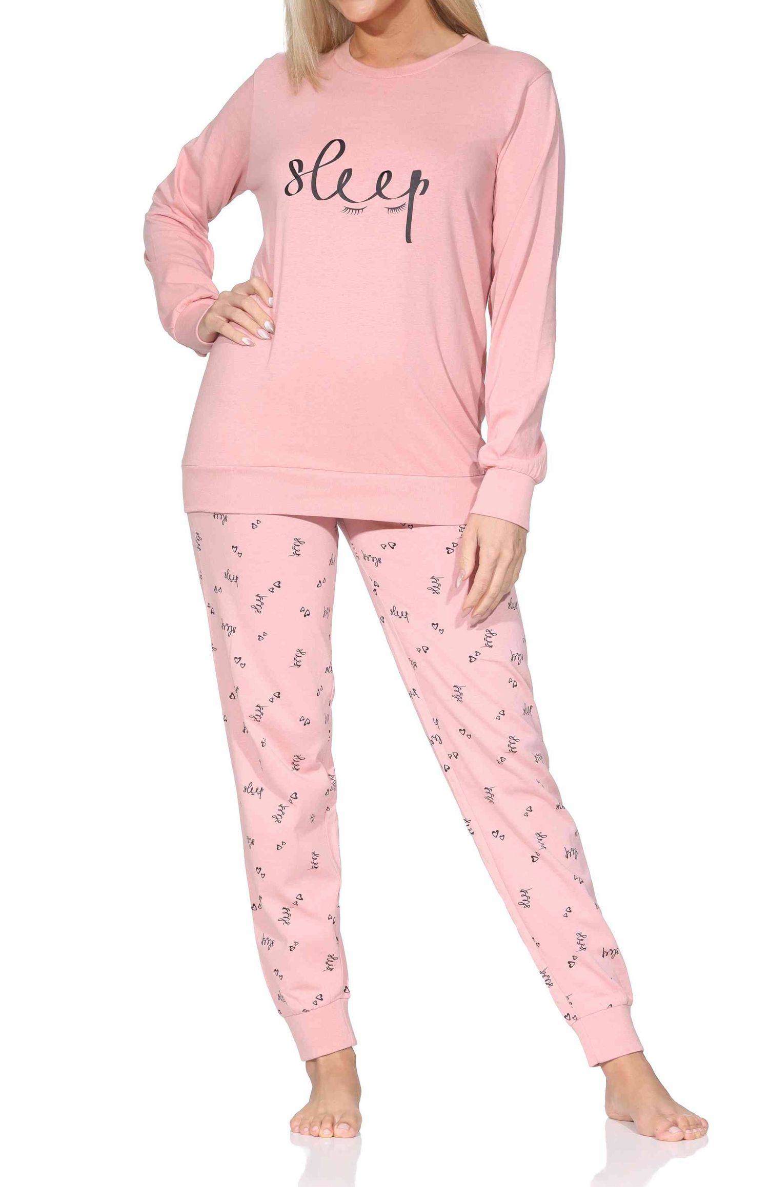 Normann Damen langarm Schlafanzug mit Bündchen Pyjama mit Frontprint Normann Damen langarm Schlafanzug mit Bündchen Pyjama mit Frontprint