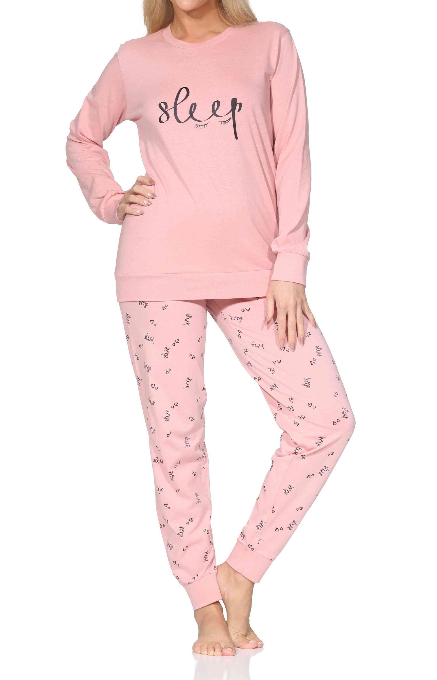 Normann Damen langarm Schlafanzug mit Bündchen Pyjama mit Frontprint