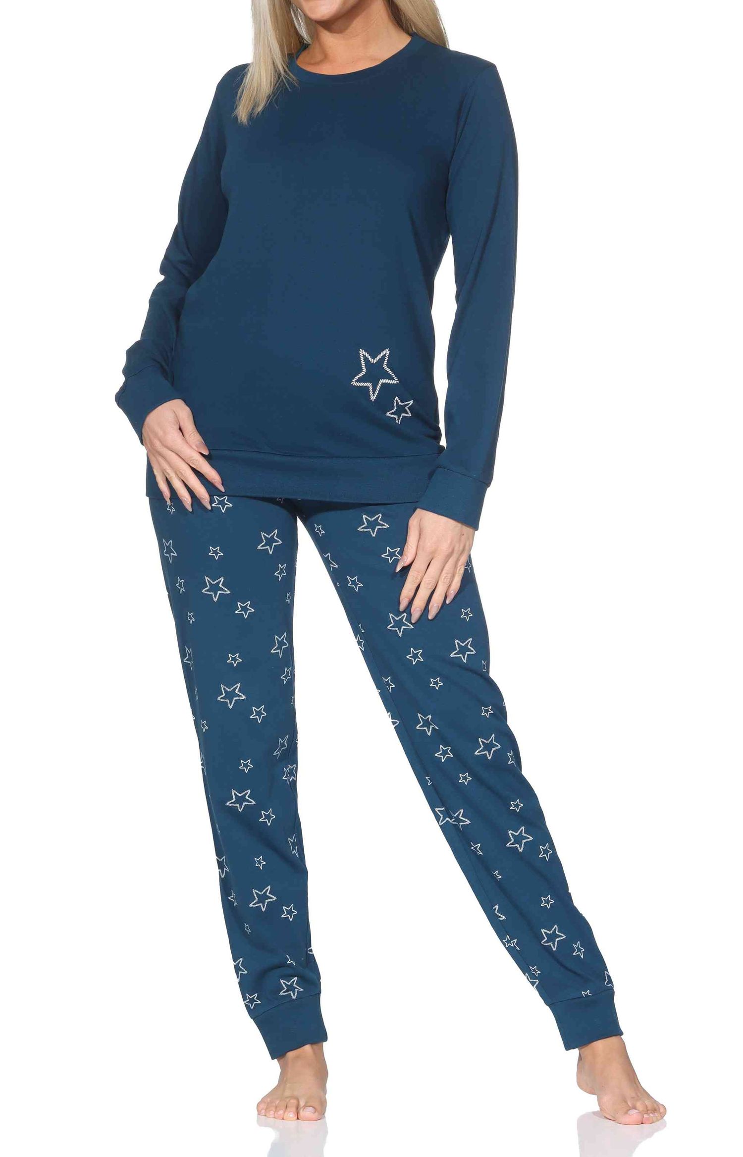 Normann Damen langarm Schlafanzug mit Bündchen Pyjama in Sterne Optik
