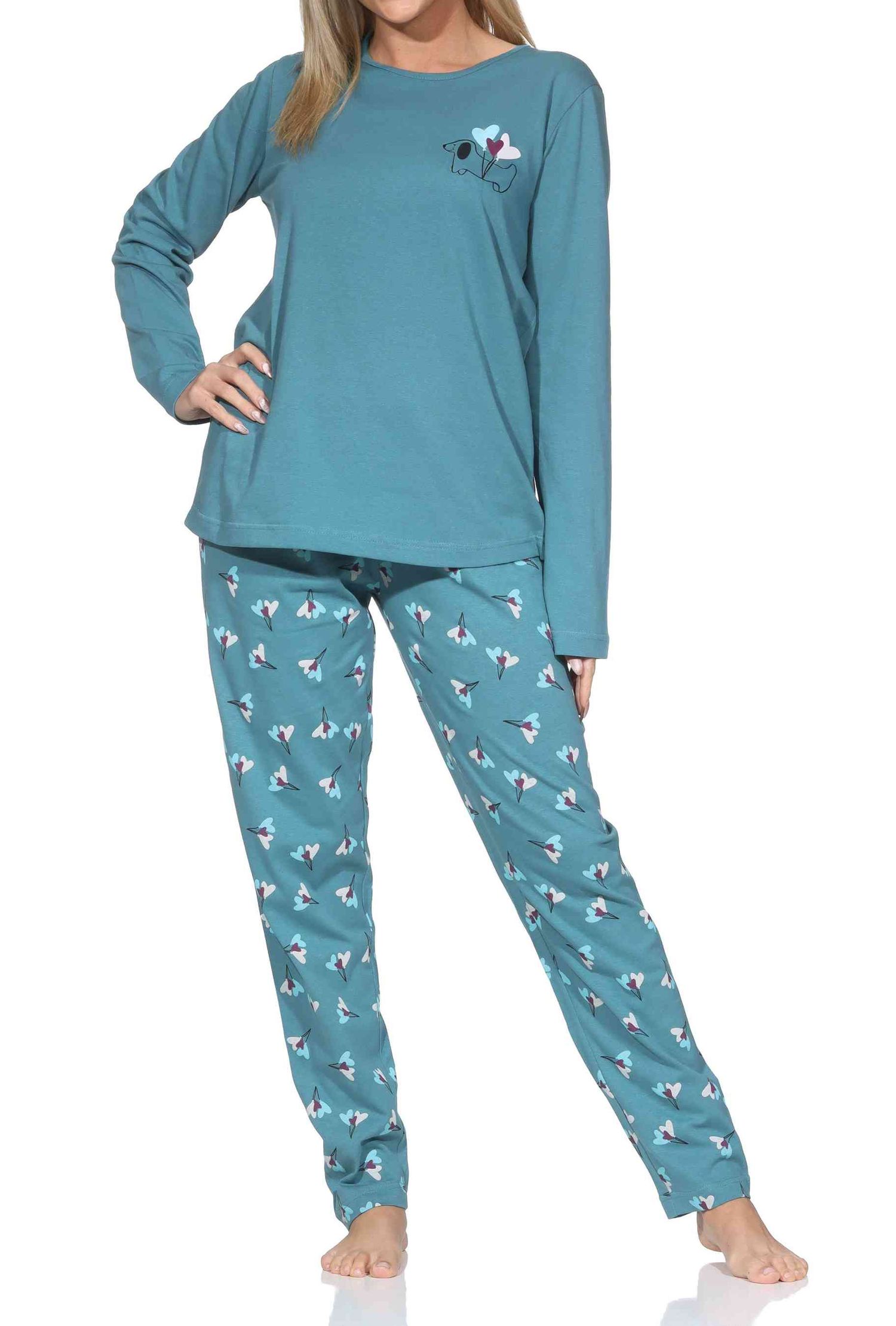Normann Damen langarm Schlafanzug mit Pyjamahose in floraler Optik Normann Damen langarm Schlafanzug mit Pyjamahose in floraler Optik