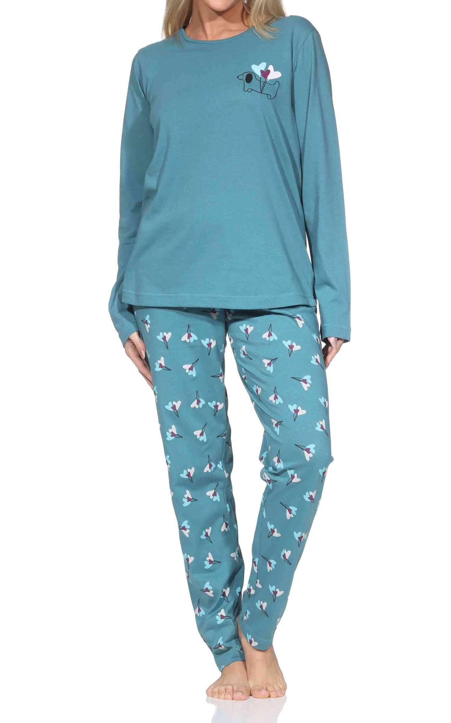 Normann Damen langarm Schlafanzug mit Pyjamahose in floraler Optik Normann Damen langarm Schlafanzug mit Pyjamahose in floraler Optik