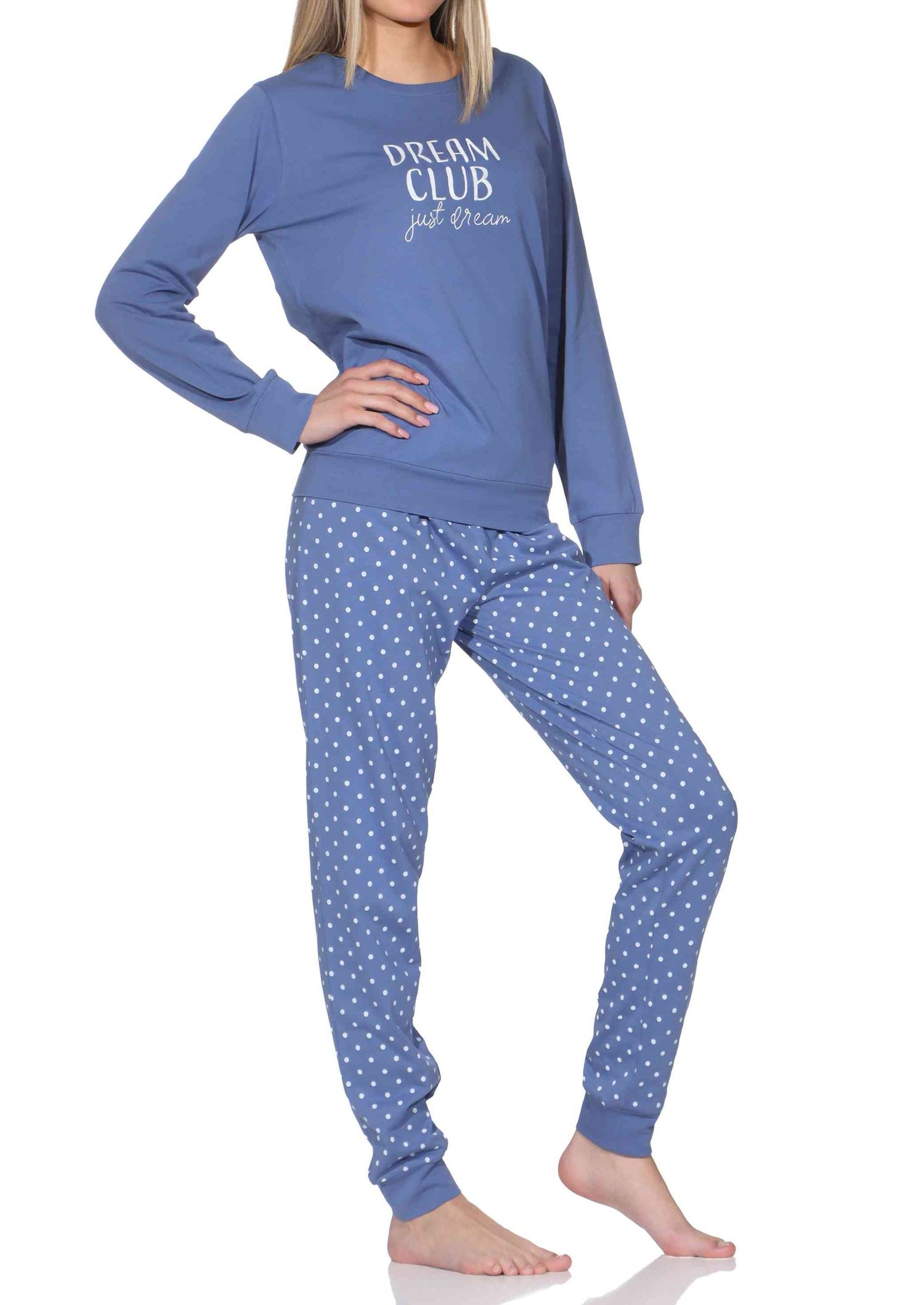 Normann Damen langarm Schlafanzug mit Bündchen in Tupfen Punkte Design