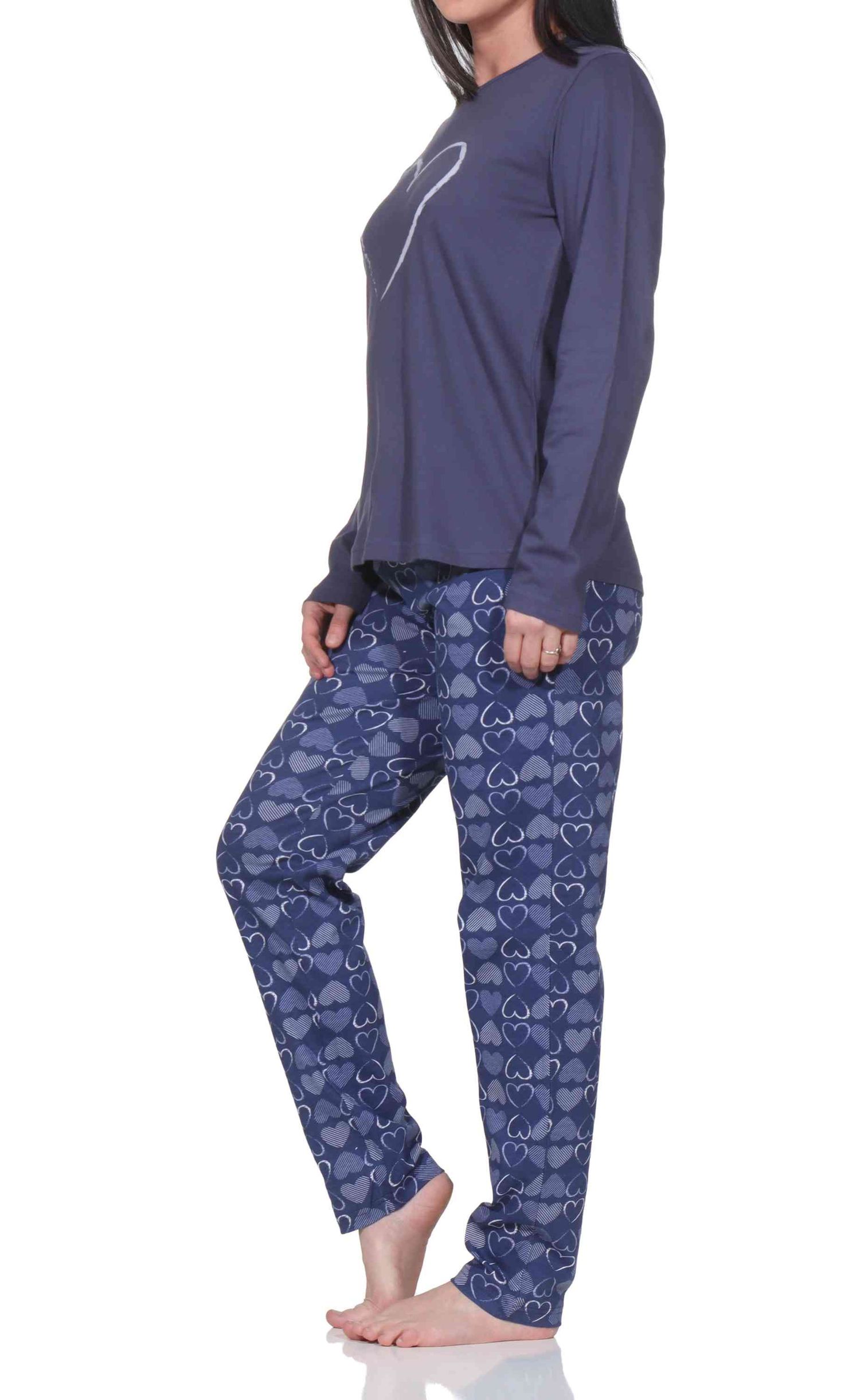 Normann Damen langarm Schlafanzug Pyjama in eleganter Herz Motiv Optik