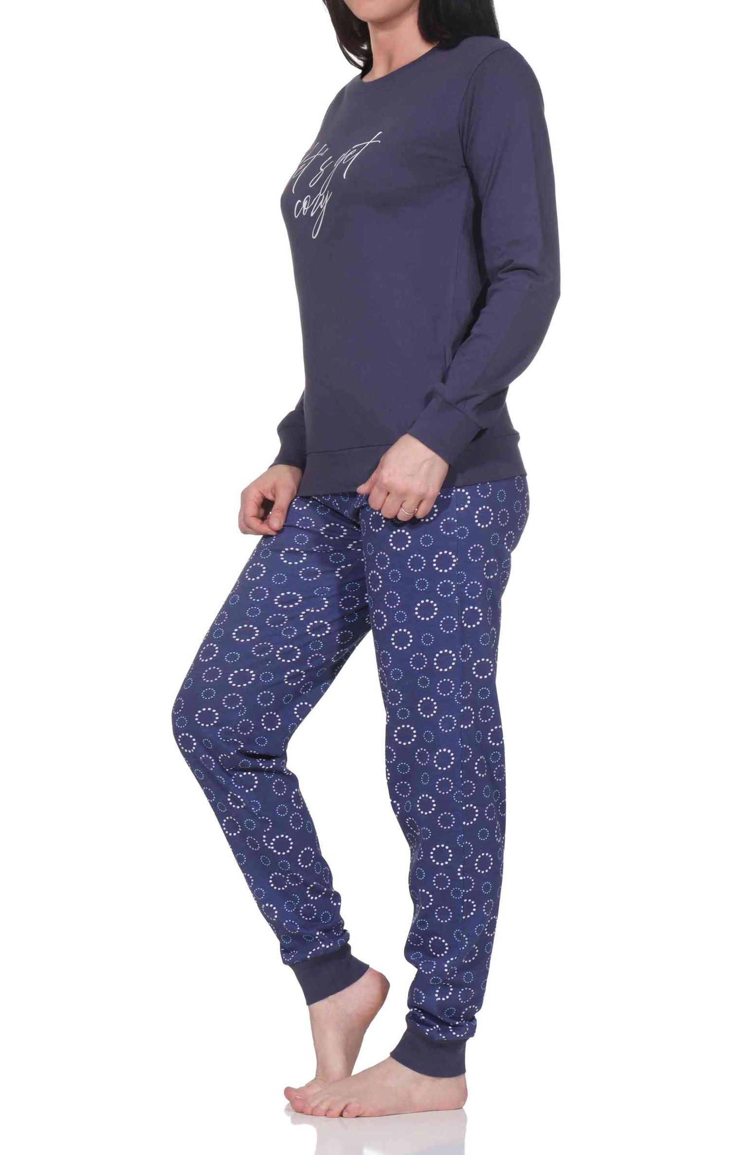 Normann Damen langarm Schlafanzug mit Bündchen, Pyjamahose Punkte Design
