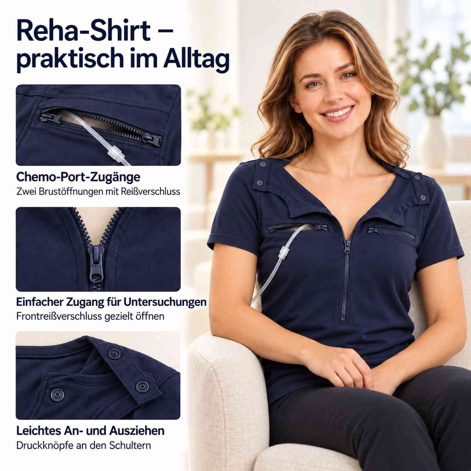 Normann Care Damen Reha Shirt, Chemo-Port Zugänge, Dialyse, Brust-Operation Normann Care Damen Reha Shirt, Chemo-Port Zugänge, Dialyse, Brust-Operation