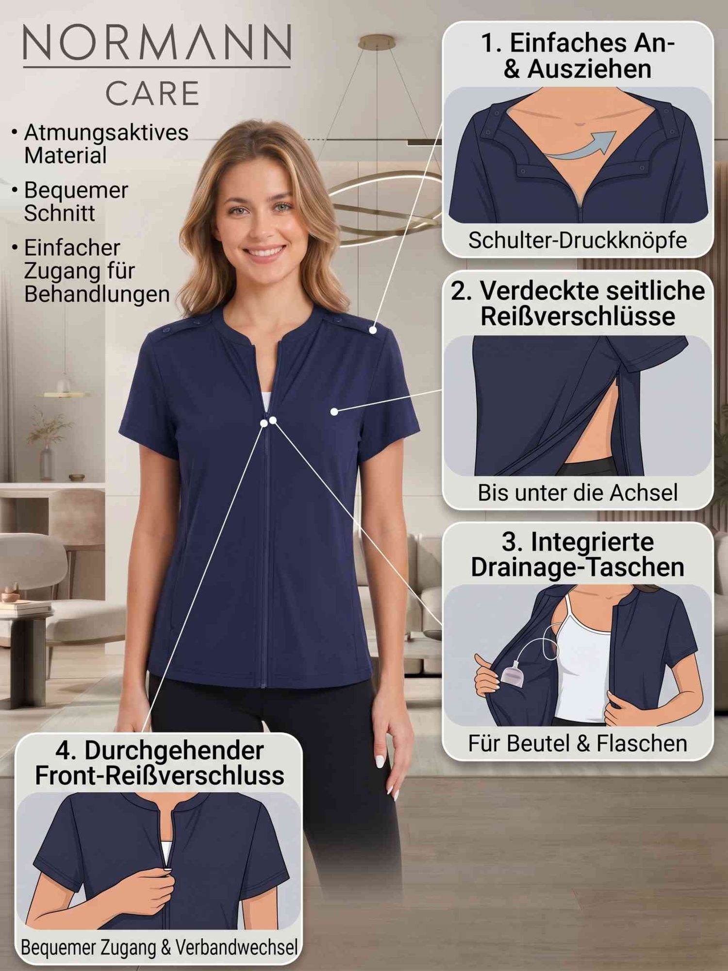 Damen Reha Shirt mit Drainagetaschen, Mastektomie, Brust-Operation, Chemo Damen Reha Shirt mit Drainagetaschen, Mastektomie, Brust-Operation, Chemo