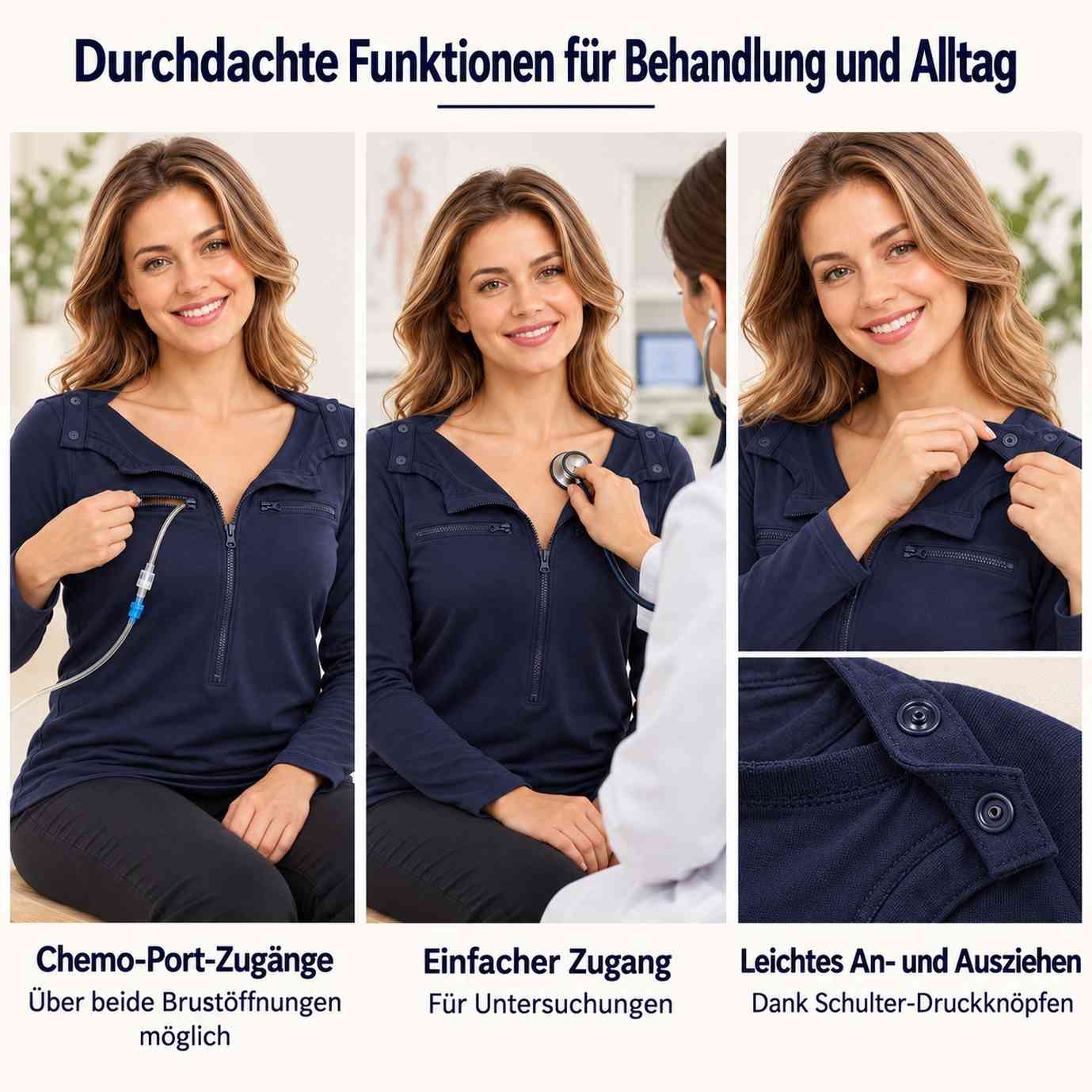 Damen Reha Shirt langarm, Chemo-Port Zugänge, Dialyse, Brust-Operation Damen Reha Shirt langarm, Chemo-Port Zugänge, Dialyse, Brust-Operation