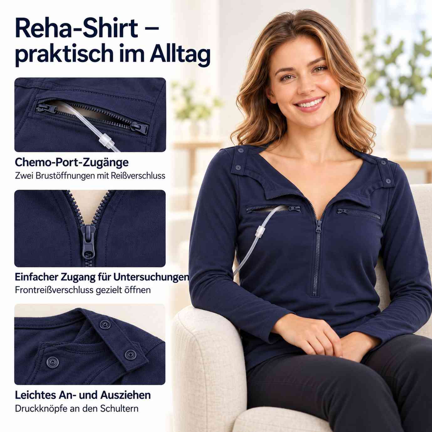 Damen Reha Shirt langarm, Chemo-Port Zugänge, Dialyse, Brust-Operation Damen Reha Shirt langarm, Chemo-Port Zugänge, Dialyse, Brust-Operation