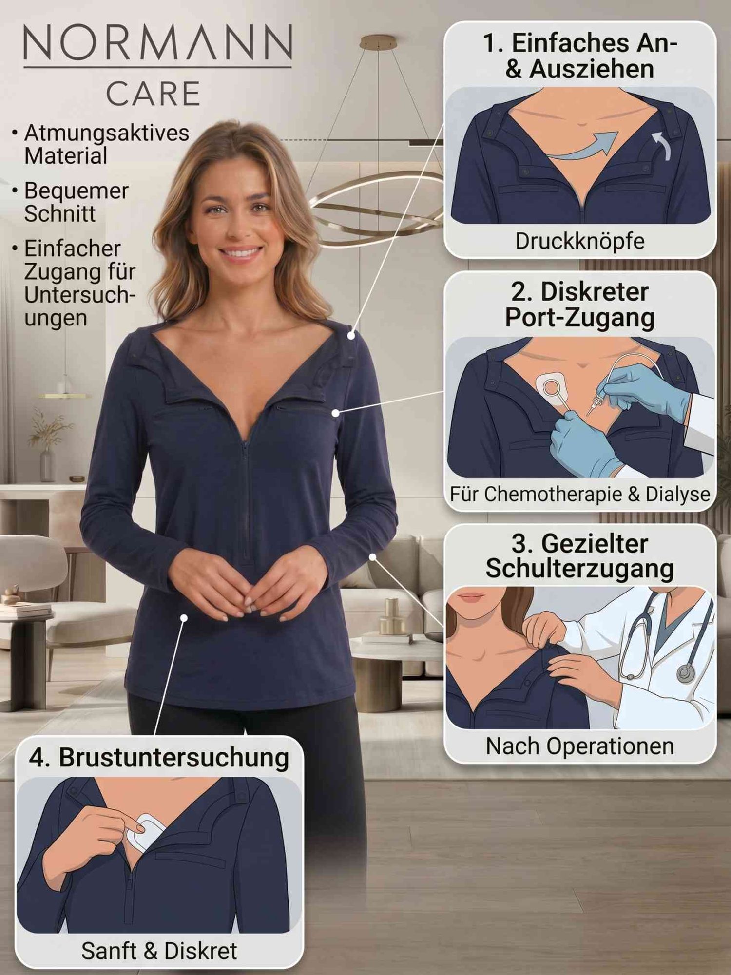 Damen Reha Shirt langarm, Chemo-Port Zugänge, Dialyse, Brust-Operation Damen Reha Shirt langarm, Chemo-Port Zugänge, Dialyse, Brust-Operation