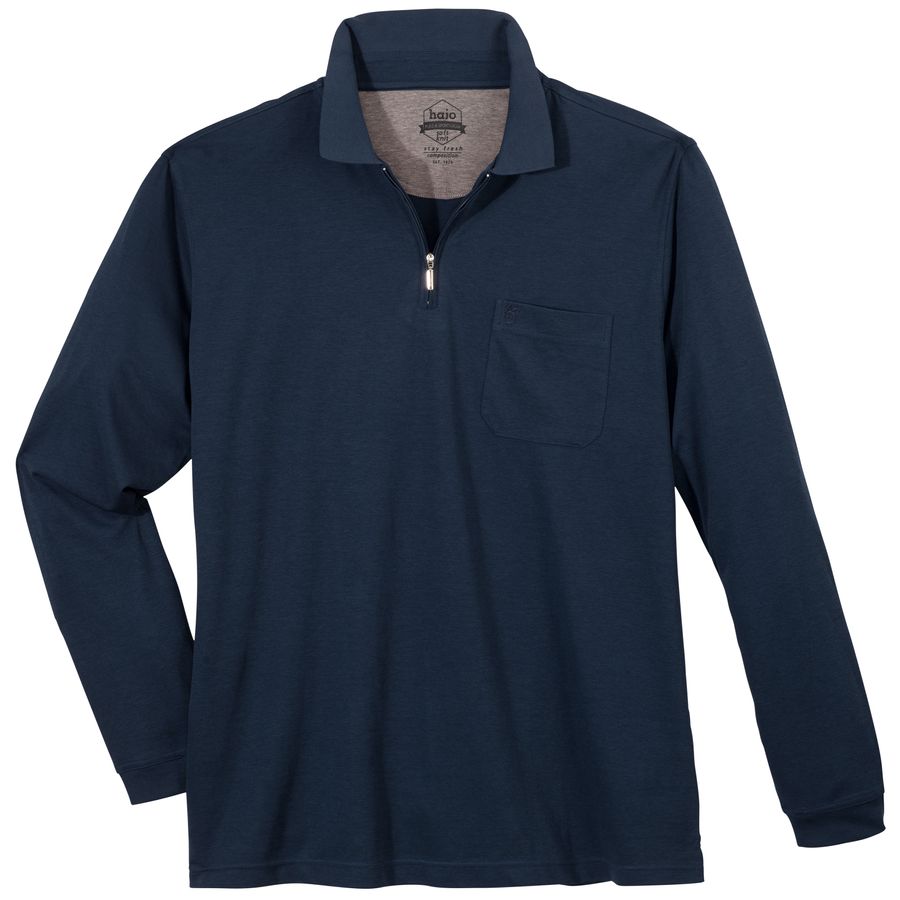 Hajo Langarm-Poloshirt Übergröße marine melange