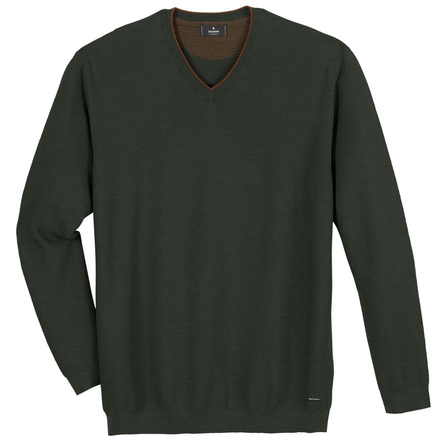 Ragman XXL Pullover V-Neck Feinstrick oliv melange