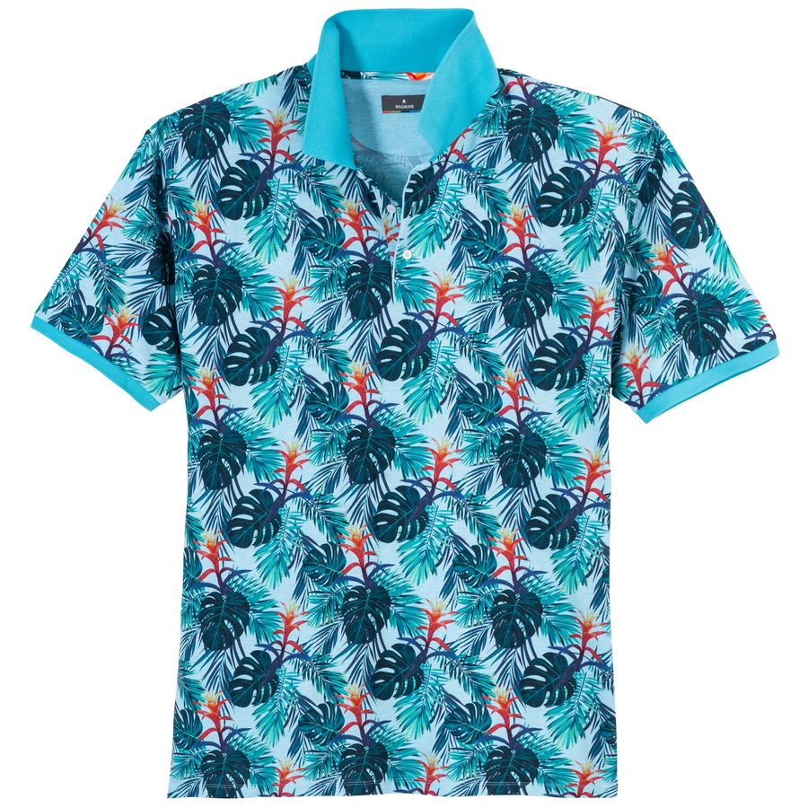Ragman Polo XXL Alloverprint Exotenblätter türkis