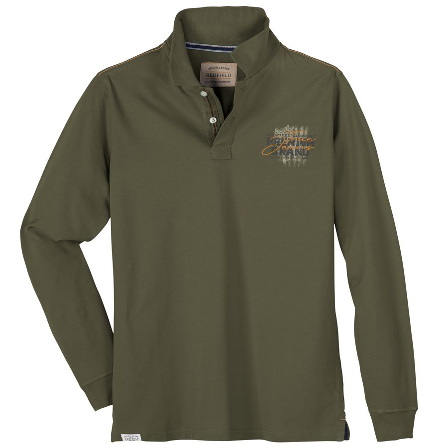 Redfield Übergrößen Brustprint Langarm-Poloshirt khaki