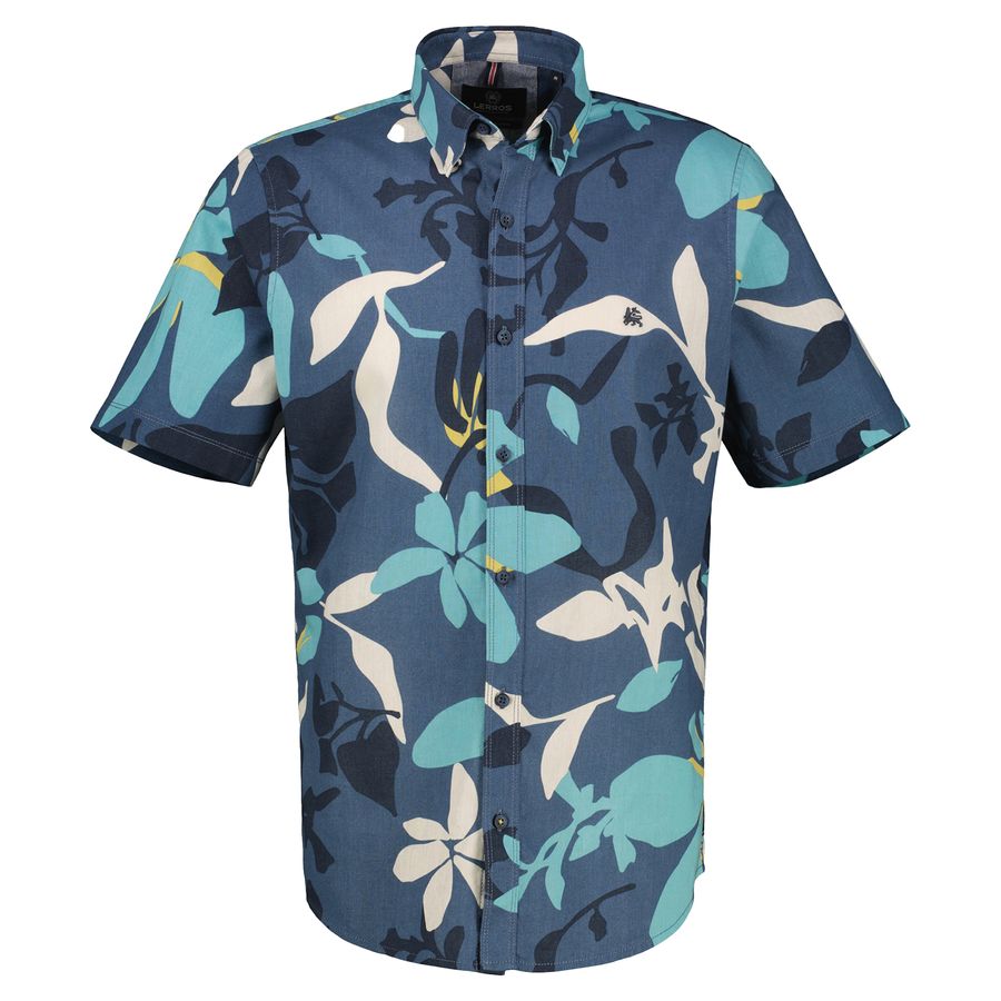 XXL Lerros Kurzarmhemd Leinen floral blau-türkis