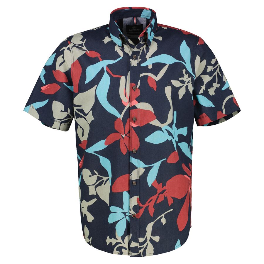 Lerros XXL Kurzarmhemd Leinen floral navy-rot-khaki