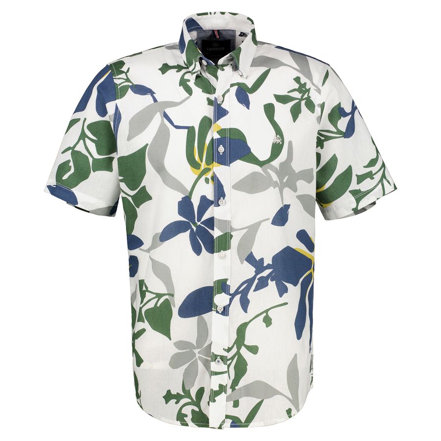 Lerros XXL Kurzarmhemd Leinen floral weiß-blau-grün