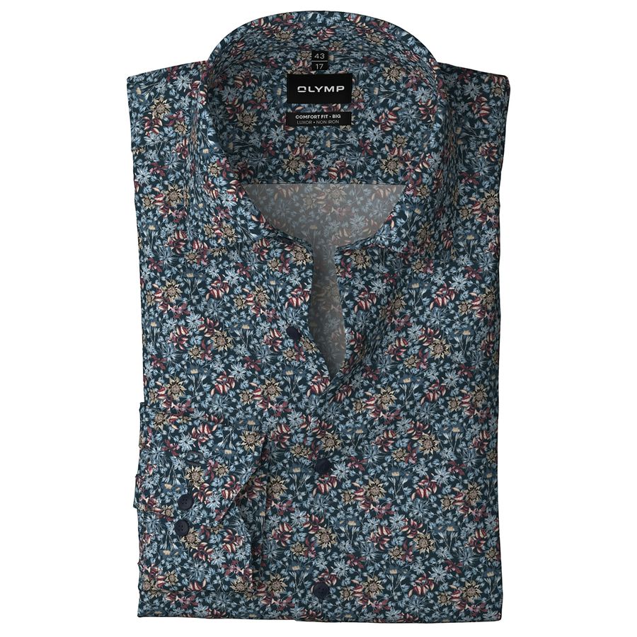 Olymp XXL Langarmhemd bügelfrei blau-weinrot floral