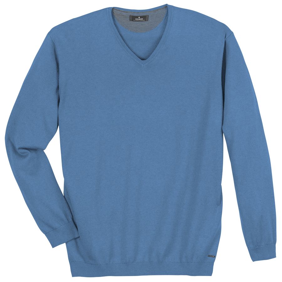 Ragman Übergrößen Pullover V-Neck blau melange
