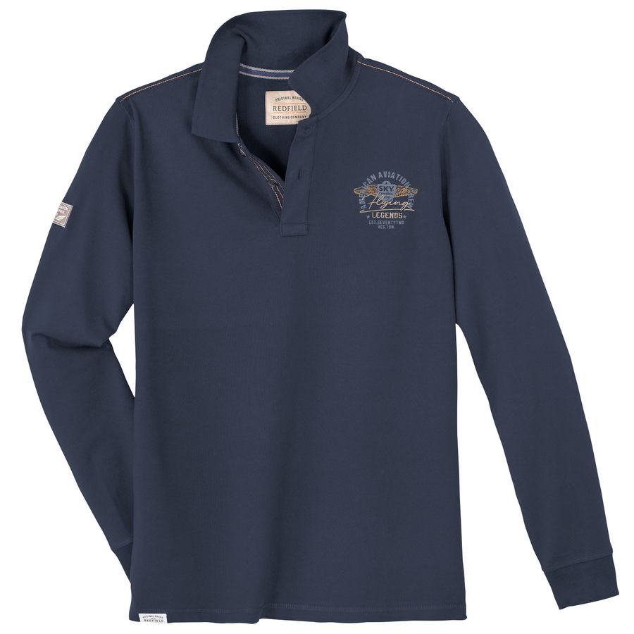 Redfield XXL Langarm-Poloshirt dunkelblau Brustprint