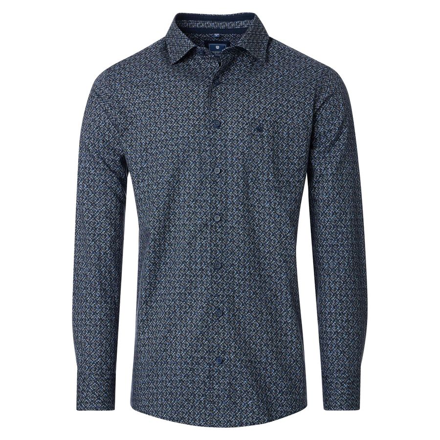 Redmond Übergröße Langarmhemd blau-beige-oliv Muster