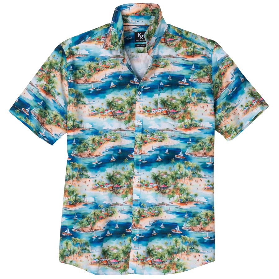 King`s Road XXL Kurzarmhemd blau-grün Strandprint