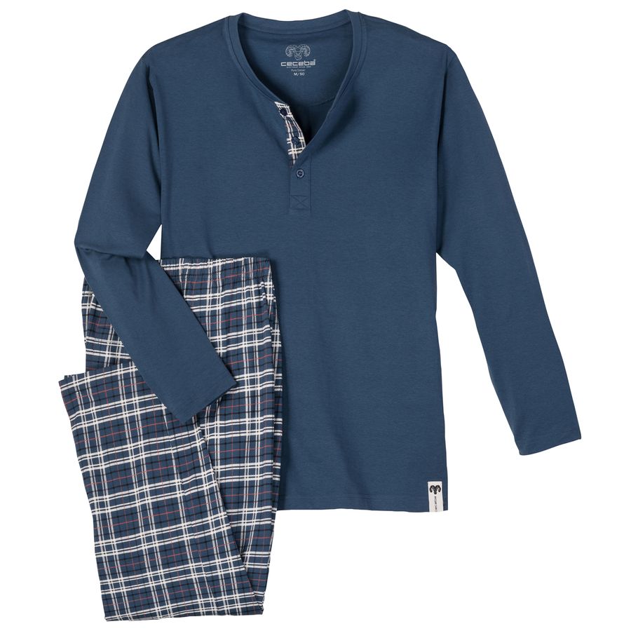 Ceceba XXL Pyjama lang Henley rauchblau/kariert 