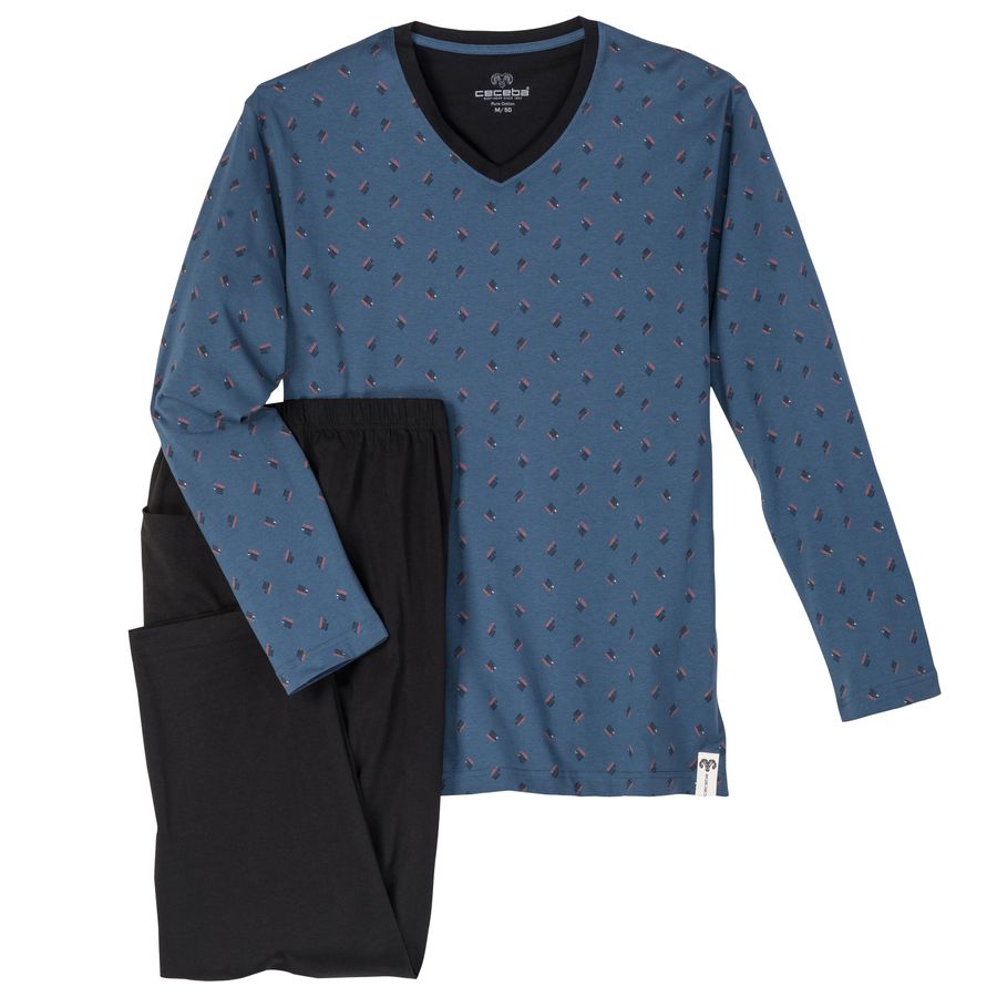 Ceceba XXL Pyjama V-Neck rauchblau/schwarz Muster