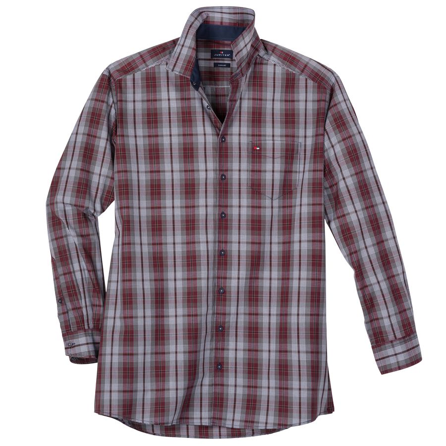 Jupiter XXL Langarmhemd weinrot-grau-navy kariert