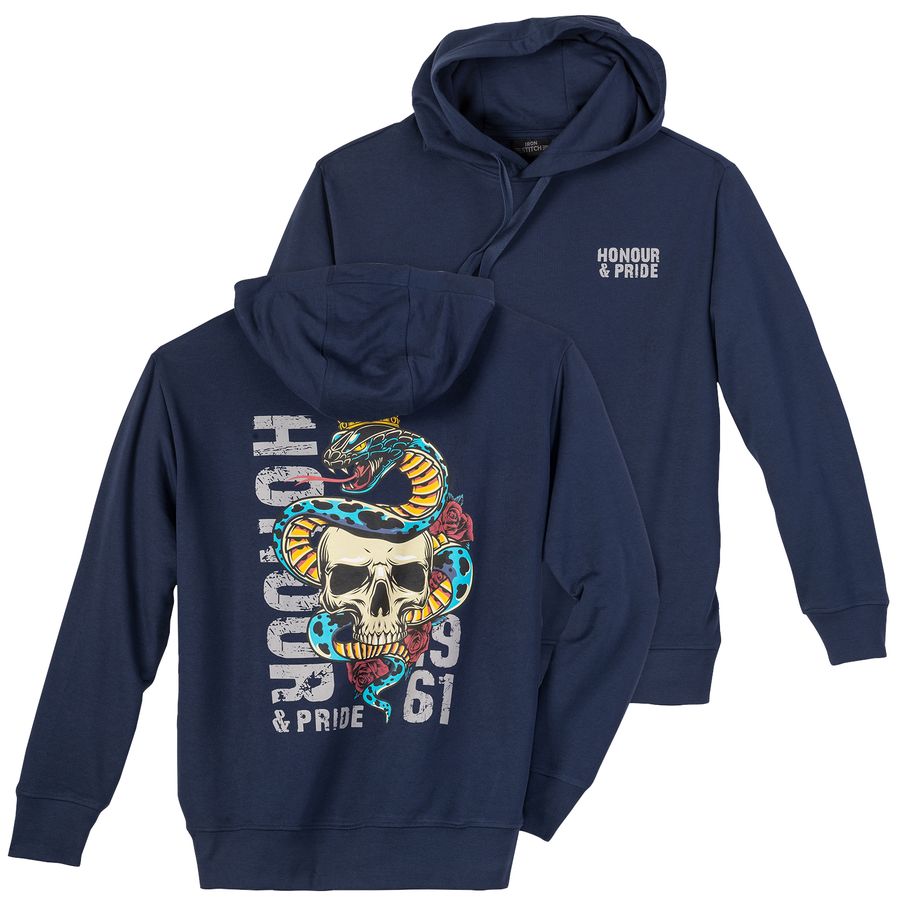 Iron Stitch Übergrößen Hoodie denimblau Skullprint