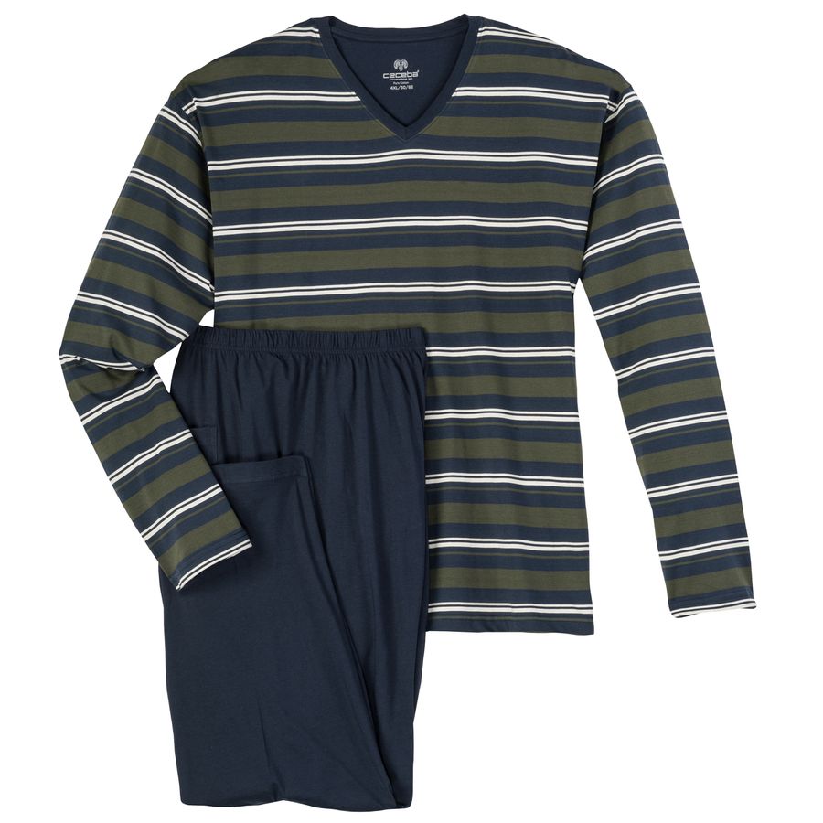 Ceceba XXL Pyjama navy-oliv-creme gestreift V-Neck