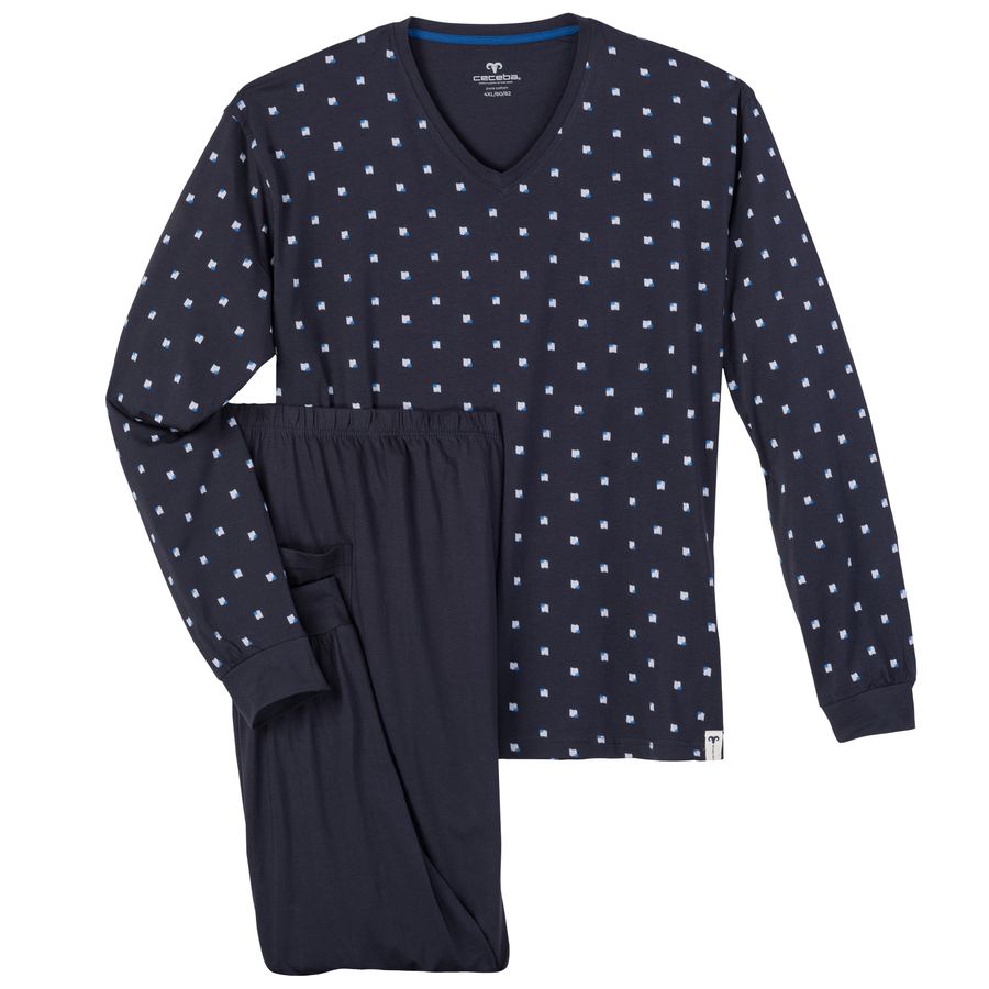 Ceceba Übergrößen Pyjama lang blau gemustert V-Neck