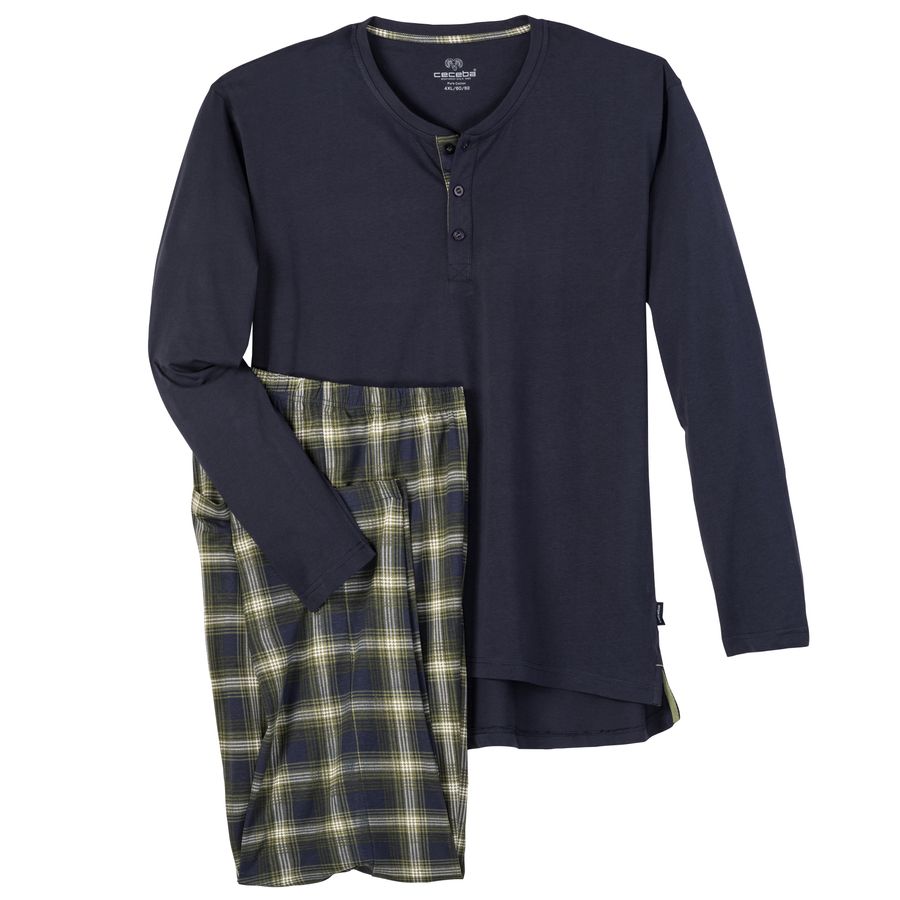 Ceceba XXL Pyjama Knopfleiste navy-oliv-weiß kariert