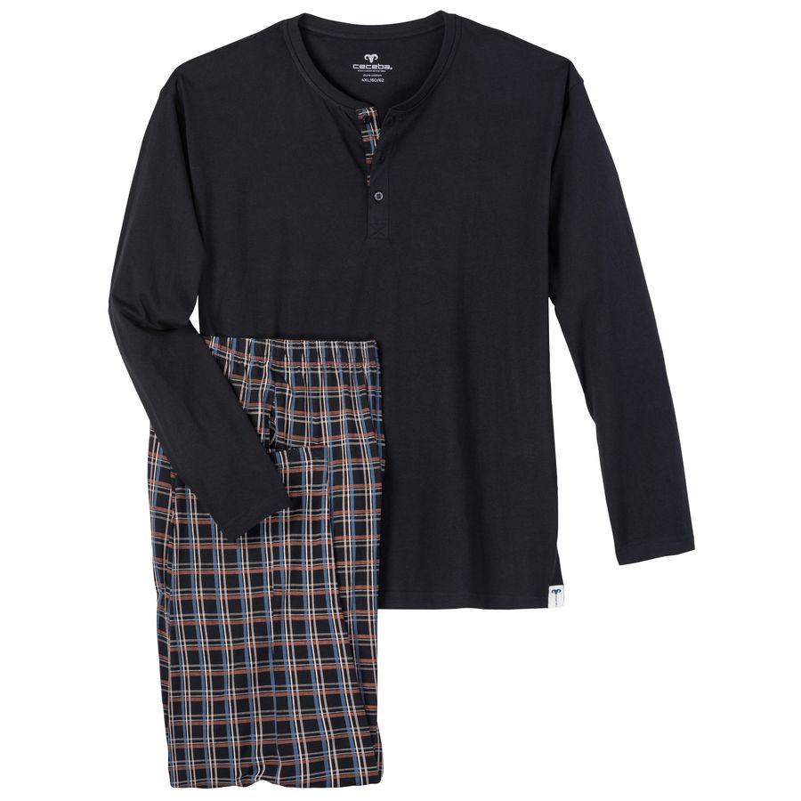 Ceceba Übergröße Pyjama lang Henley schwarz/kariert 